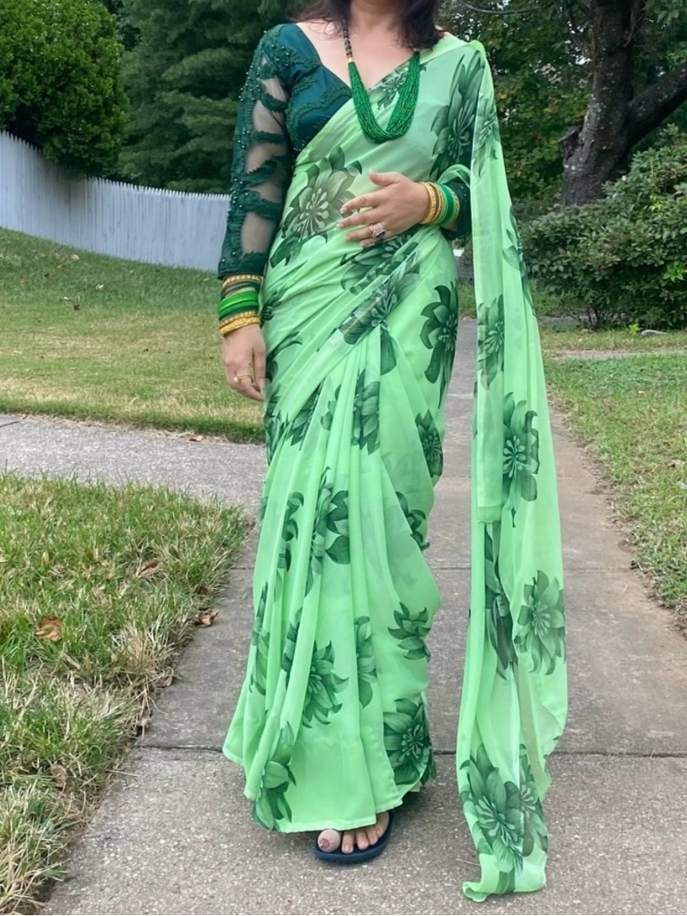 Light Green Floral Saree with Dark Green Flower Print with matching petticoat